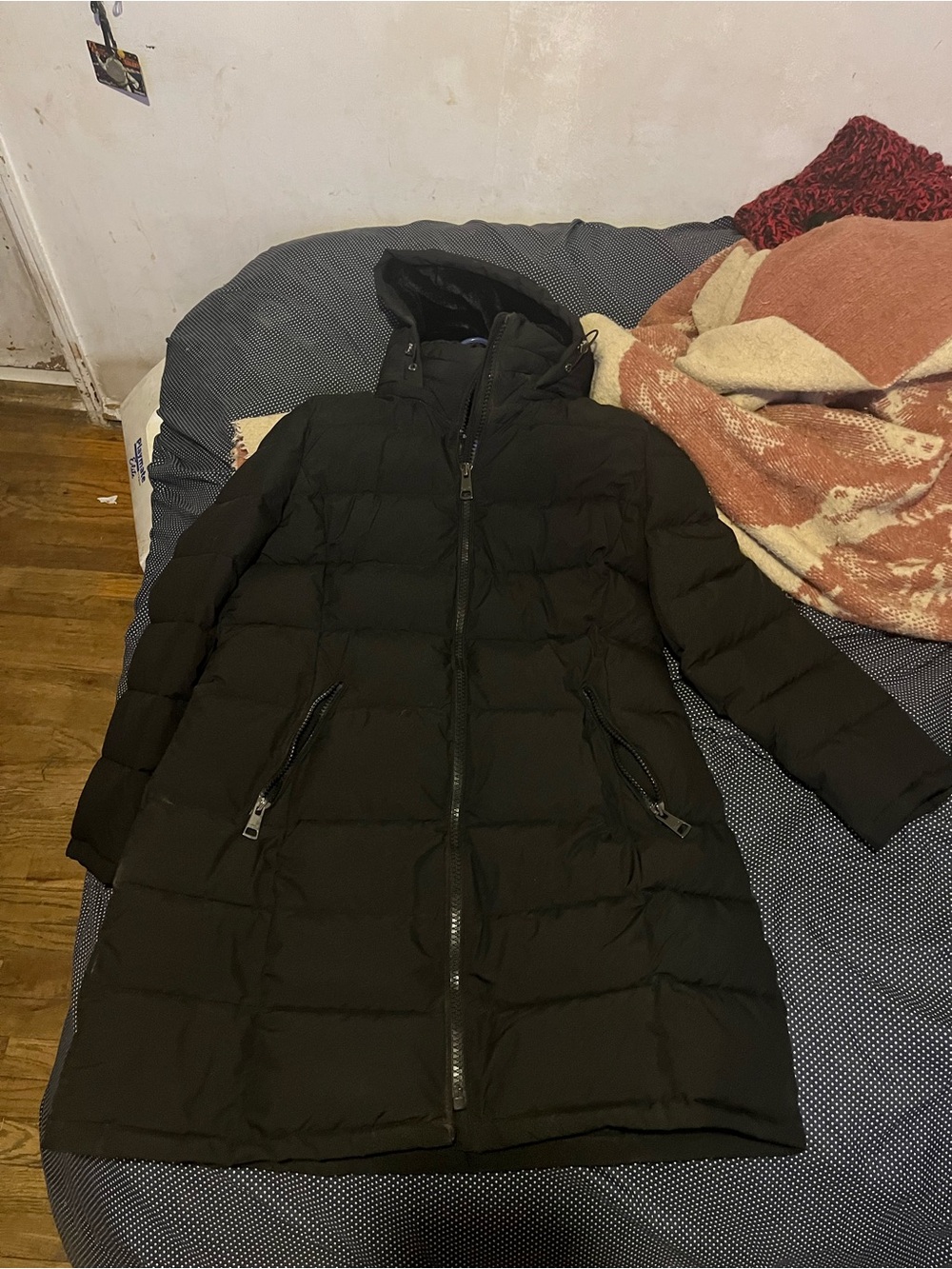 Andrew Marc Black Long Quilted Hooded Puffer Coat